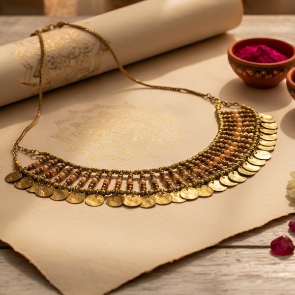 ๐๏ธ Boho Tribal Bib Necklace | Artisan Handmade Glass Beads & Coin Trendy Charms - Picture 10 of 12